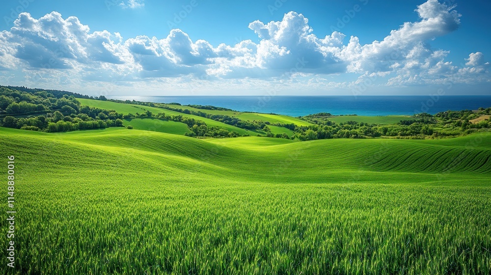 Fototapeta premium Lush green rolling hills meet tranquil blue sea under a sunny sky.
