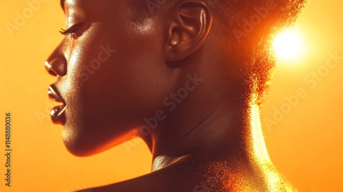 Close up Beauty portrait of african american woman with clean healthy dark skin on neutral background. Smiling dreamy beautiful afro haitstyle girl. Curly black hair. photo