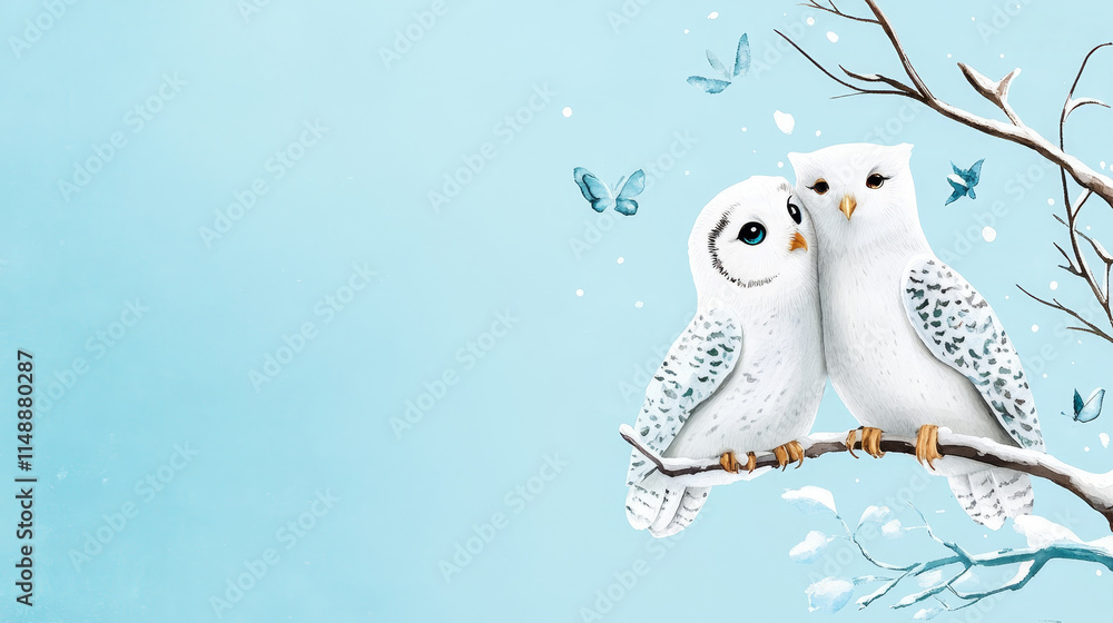 Obraz premium Watercolor Owls True Love Winter Scene - Two snowy owls perched on a winter branch, symbolizing love, winter, peace, serenity, and togetherness.