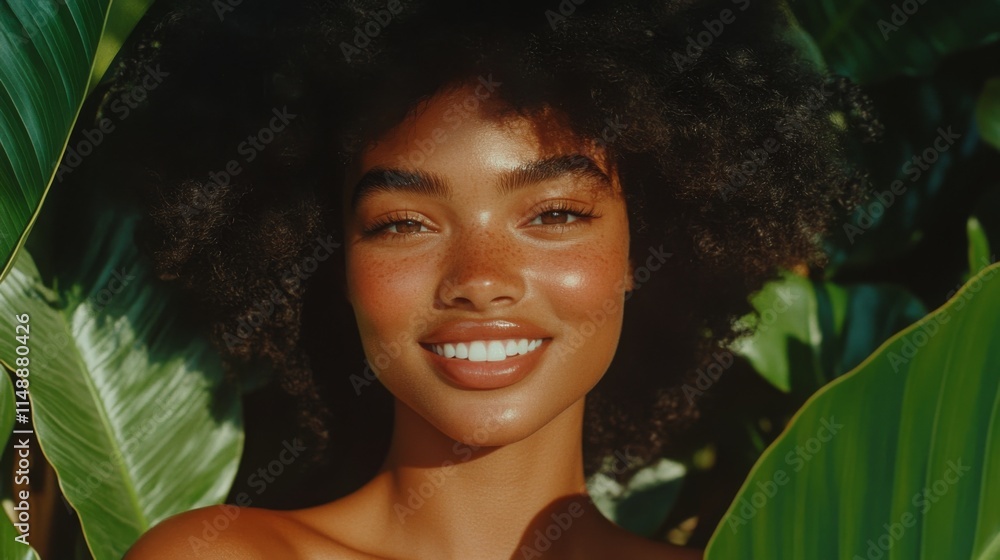 Close up Beauty portrait of african american woman with clean healthy dark skin on neutral background. Smiling dreamy beautiful afro haitstyle girl. Curly black hair. Close up Beauty portrait of african american woman with clean healthy dark skin on neutral background. Smiling dreamy beautiful afro haitstyle girl. Curly black hair.