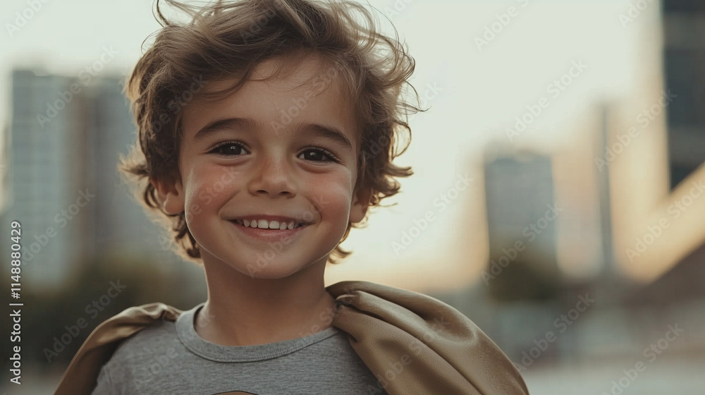 A child with a mischievous grin, wearing a superhero cape and mask, standing confidently with a soft blurred urban background for a playful and imaginative scene. A child with a mischievous grin, wearing a superhero cape and mask, standing confidently with a soft blurred urban background for a playful and imaginative scene.