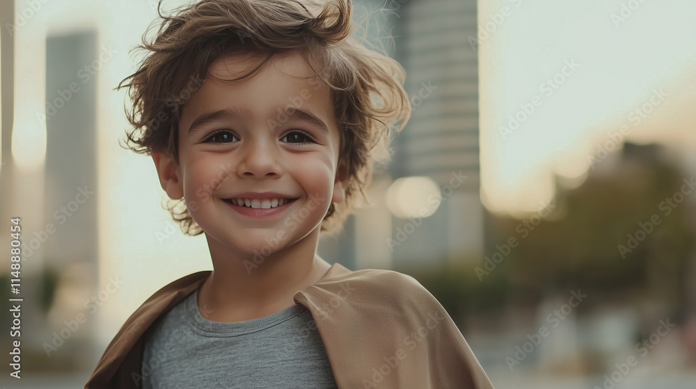 A child with a mischievous grin, wearing a superhero cape and mask, standing confidently with a soft blurred urban background for a playful and imaginative scene. A child with a mischievous grin, wearing a superhero cape and mask, standing confidently with a soft blurred urban background for a playful and imaginative scene.