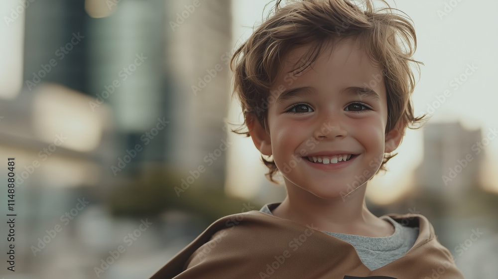 A child with a mischievous grin, wearing a superhero cape and mask, standing confidently with a soft blurred urban background for a playful and imaginative scene. A child with a mischievous grin, wearing a superhero cape and mask, standing confidently with a soft blurred urban background for a playful and imaginative scene.