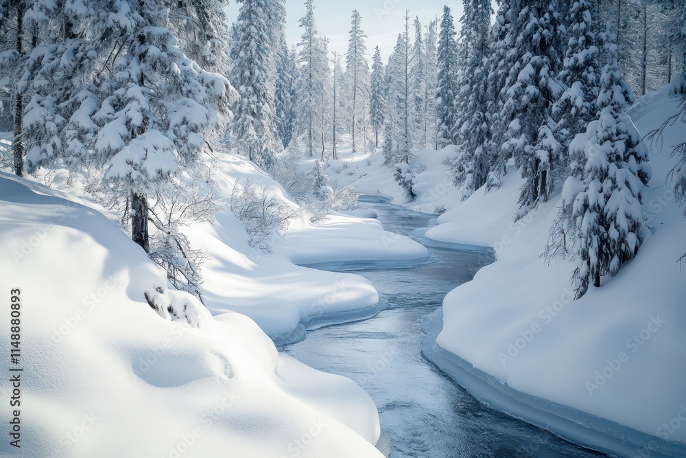 A snow-covered forest with a river frozen solid, captured under the stark beauty of a midwinter day. A snow-covered forest with a river frozen solid, captured under the stark beauty of a midwinter day.
