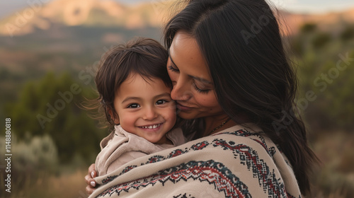 A tender moment of a mother kissing her smiling childâs forehead, both wrapped in a cozy blanket, with a softly blurred mountain backdrop for a peaceful, intimate feel. photo