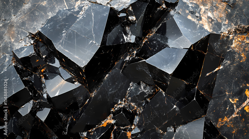 Detailed shot of obsidian with its glossy black surface and sharp fracture lines. Obsidian. Illustration Detailed shot of obsidian with its glossy black surface and sharp fracture lines. Obsidian. Illustration
