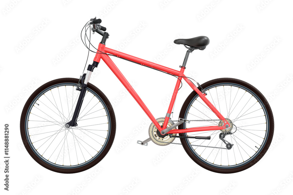 Red bicycle, side view. Black leather saddle and handles. Isolated on white background, 3D illustration Red bicycle, side view. Black leather saddle and handles. Isolated on white background, 3D illustration