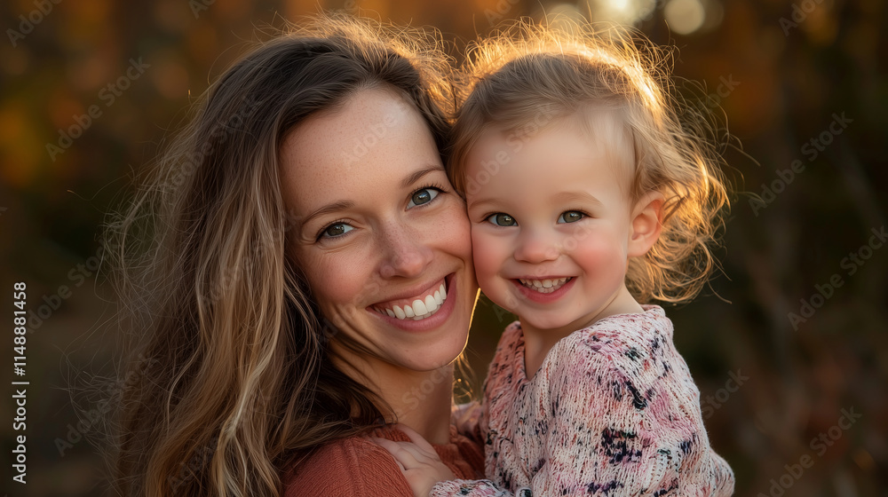 Obraz premium A close-up portrait of a mother and child cheek-to-cheek, smiling brightly, with a blurred outdoor park setting and golden sunlight creating a natural, heartfelt vibe.