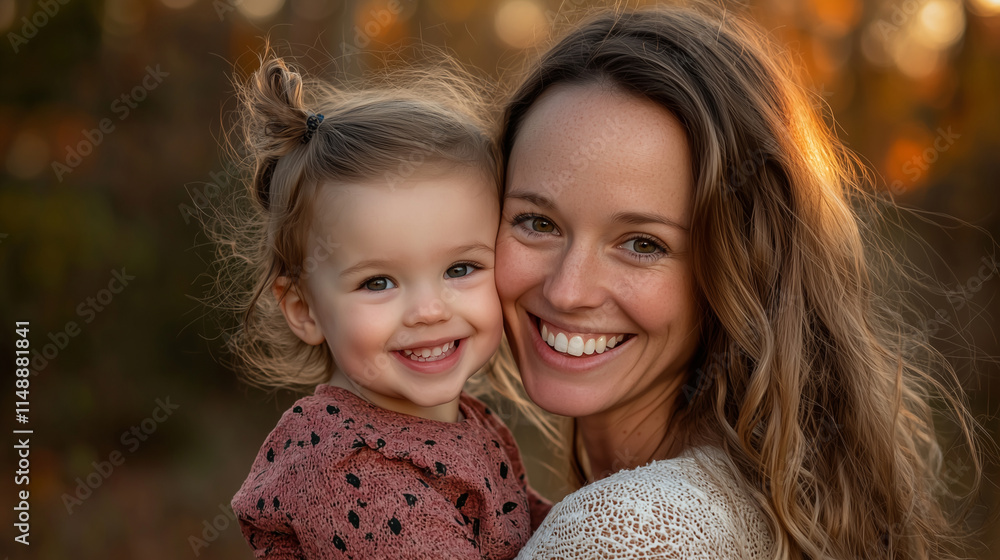 Fototapeta premium A close-up portrait of a mother and child cheek-to-cheek, smiling brightly, with a blurred outdoor park setting and golden sunlight creating a natural, heartfelt vibe.