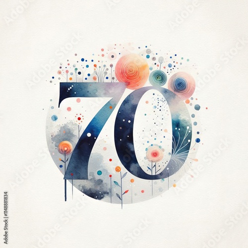 Watercolor number 70 with colorful splashes and dots in a circular design on a white background