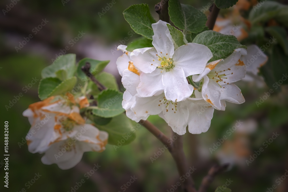 Obraz premium Branch of a wild apple tree with white flowers in spring close-up.
