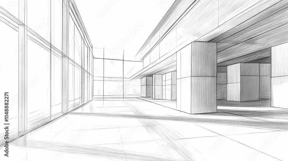 Minimalist white architectural sketch of a modern building interior, perspective view Minimalist white architectural sketch of a modern building interior, perspective view