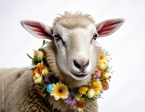 Flauschiges Lamm mit Ostergirlande vor weißem Hintergrund photo