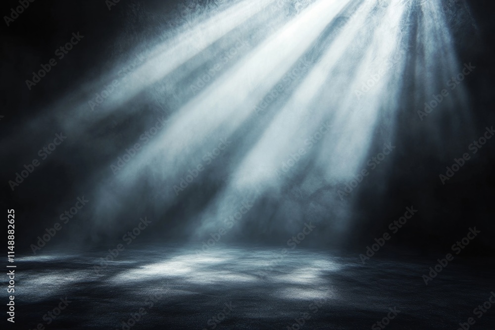Light beams shining through smoke onto a dark concrete floor, creating a mysterious and dramatic atmosphere Light beams shining through smoke onto a dark concrete floor, creating a mysterious and dramatic atmosphere