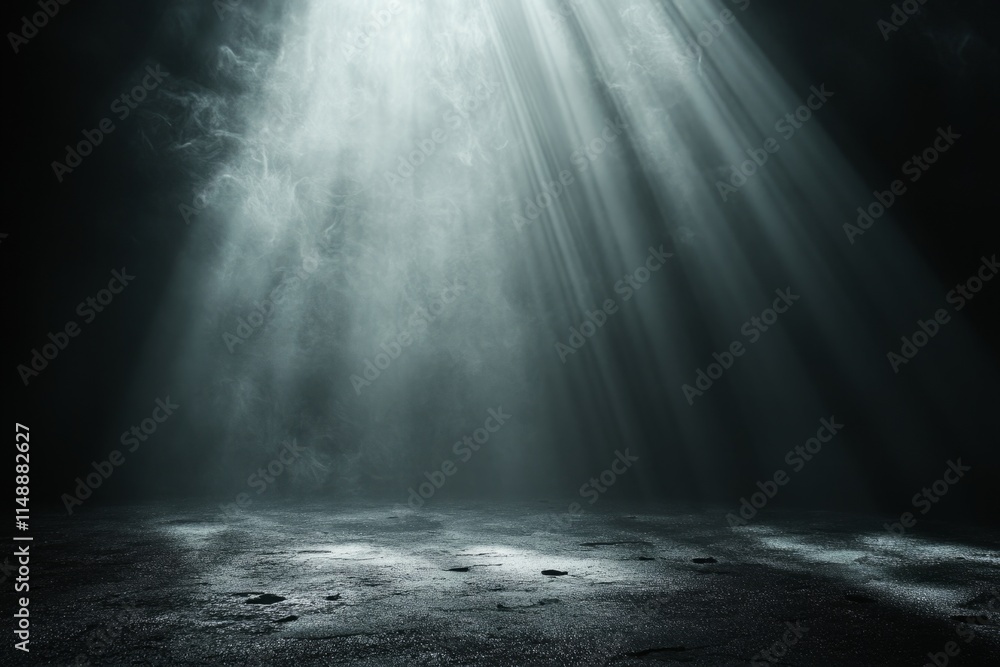 Light beams shining through smoke onto a dark concrete floor, creating a mysterious and dramatic atmosphere Light beams shining through smoke onto a dark concrete floor, creating a mysterious and dramatic atmosphere