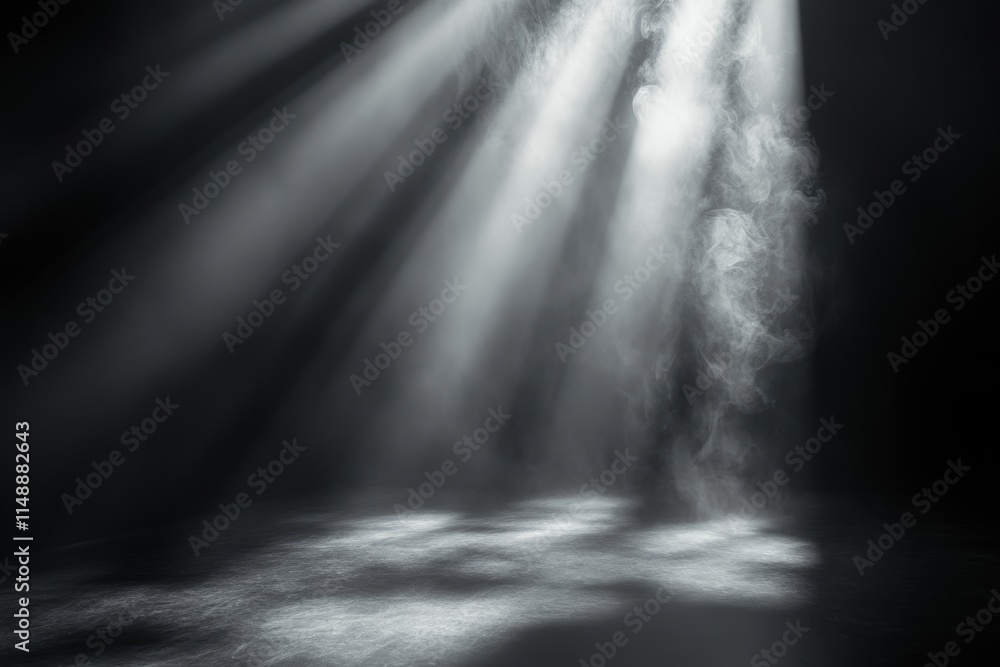 Light beams shining through smoke over dark background creating a mysterious atmosphere Light beams shining through smoke over dark background creating a mysterious atmosphere
