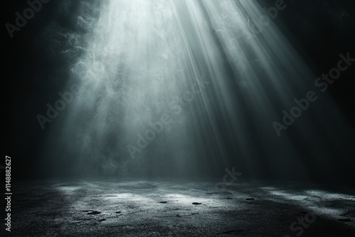 Light beams shining through smoke onto a dark concrete floor, creating a mysterious and dramatic atmosphere