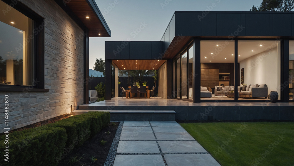 Fototapeta premium Modern home exterior at dusk, showcasing stone and dark-colored siding. Large windows overlook a patio with outdoor dining furniture. A paved walkway leads from the house.