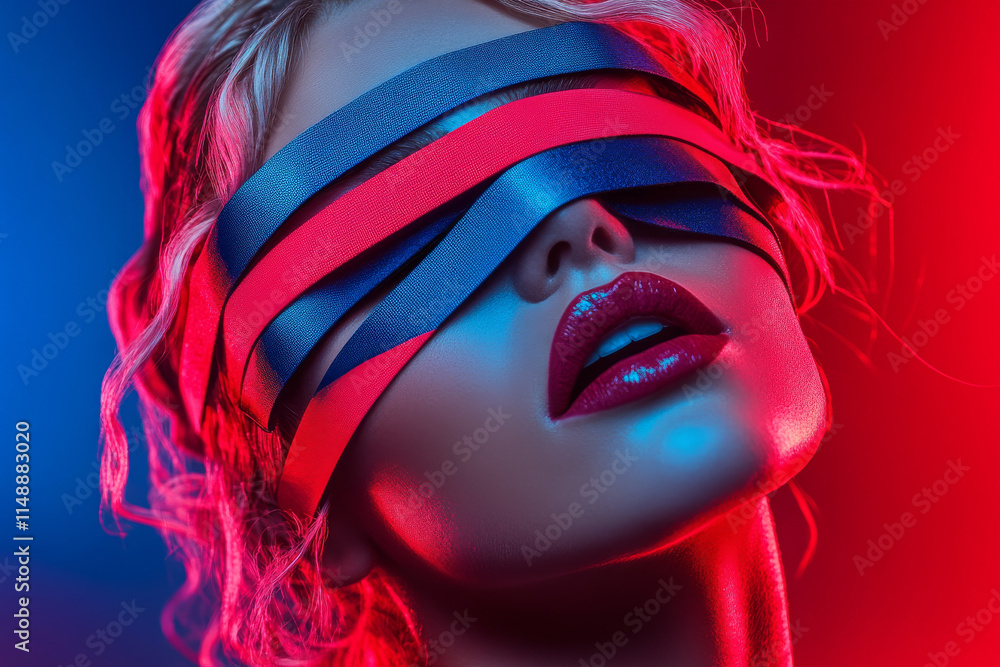Portrait of woman with vibrant ribbons covering her eyes, showcasing bold colors and striking makeup, evoking sense of mystery and allure