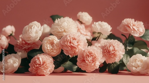 Spring Horizontal Floral Peony banner. Beautiful nature season background. Copy space for text, selective focus. Bloom summer aesthetic.