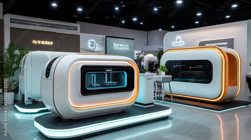 Obraz premium Modern and innovative technology display featuring futuristic smart home appliances at an exhibition