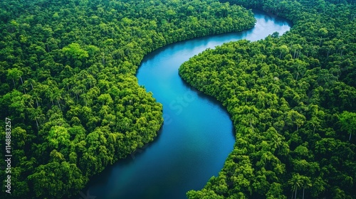 Aerial view of a winding river flowing through a dense forest landscape, showcasing the beauty of nature and biodiversity.