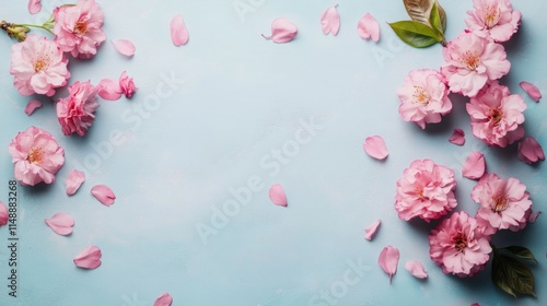 Spring Horizontal banner with sakura flowers. Beautiful nature season background with a branch of blooming cherry. Copy space for text, selective focus