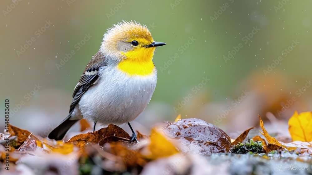 Small yellow bird perched on autumn leaves in the rain. Small yellow bird perched on autumn leaves in the rain.