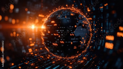 Abstract representation of a glowing digital globe surrounded by streams of binary code and data patterns in a futuristic setting.