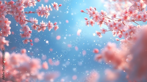 Spring Horizontal banner with sakura flowers. Beautiful nature season background with a branch of blooming cherry. Copy space for text, selective focus