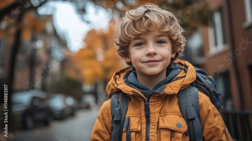 Wallpaper Mural A smiling boy in an orange jacket stands outdoors in autumn. Torontodigital.ca