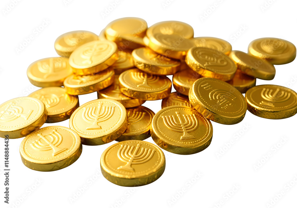 Hanukkah celebration, Hanukkah Gelt, coins, Chocolate coins in gold foil on isolated background, png Hanukkah celebration, Hanukkah Gelt, coins, Chocolate coins in gold foil on isolated background, png