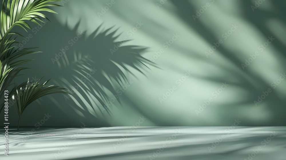 Fototapeta premium Minimalist green background with palm leaves shadows, empty table top for product presentation