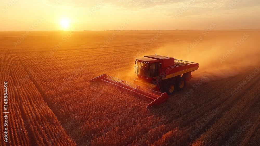 Fototapeta premium A combine harvester working in a golden wheat field at sunset, creating a dusty haze.