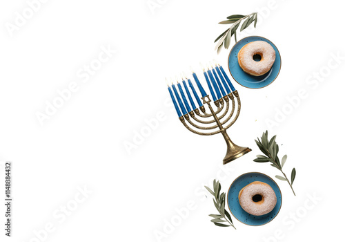 Hanukkah celebration elements, Menorah, Donuts sufganiyot. on isolated background, png photo