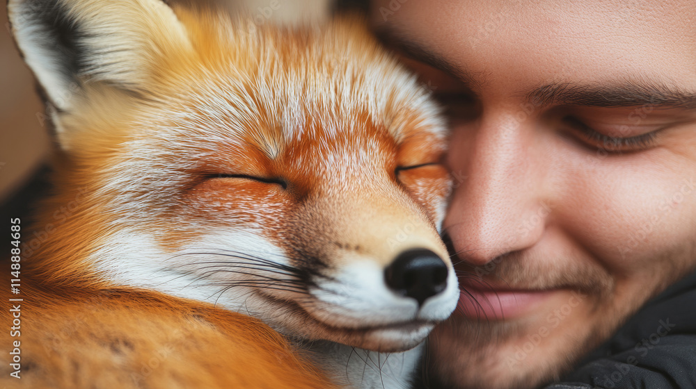 Obraz premium Rescued fox nestling softly against human companion, sharing tender moment of healing connection with closed eyes on weathered background