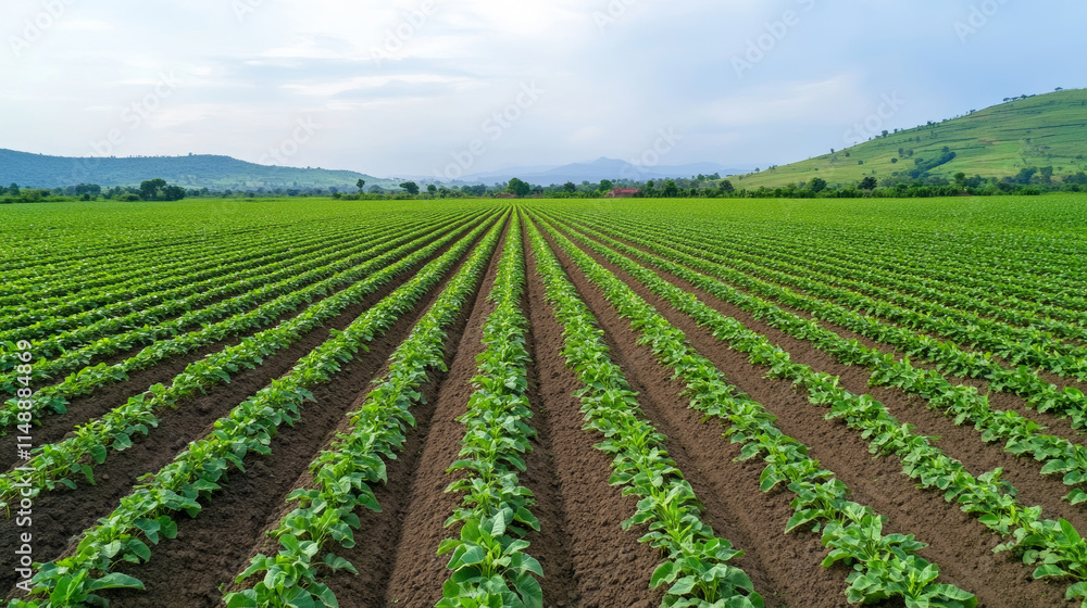 Cassava field in Africa with neatly planted rows surrounded by patches of untouched soil, creating a visually appealing agricultural landscape Cassava field in Africa with neatly planted rows surrounded by patches of untouched soil, creating a visually appealing agricultural landscape