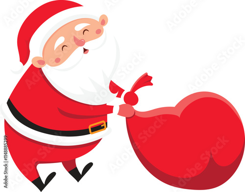 Santa Claus, smiling joyfully, walking on a white background while carrying a large, heavy bag filled with Christmas presents, embodies the festive spirit of the holiday season