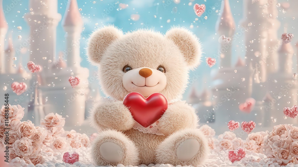 Fototapeta premium Cute teddy bear holding heart, fairytale scene