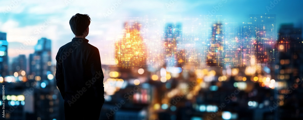 Fototapeta premium Data professional analyzing glowing holographic network connections hovering above urban landscape during twilight hours