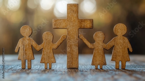 Wooden family silhouettes holding hands by a cross, symbolizing unity, faith, and connection in a warm, serene setting.