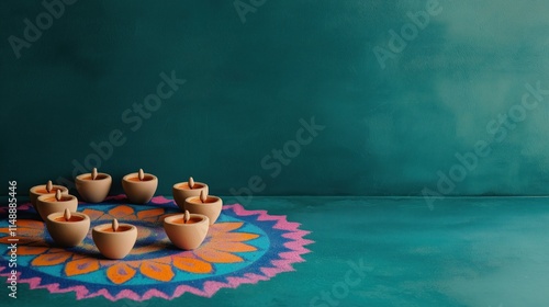 Colorful rangoli design with blue orange and pink hues. Clay diyas arranged in a circular pattern on a teal surface. Diwali festive decoration. Copy space background. Traditional design. photo