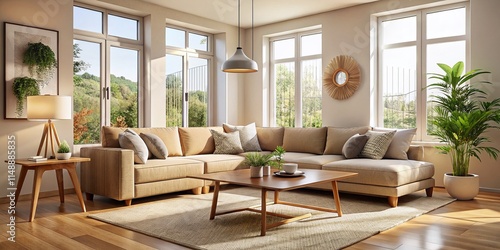 Wallpaper Mural Cozy Beige Sectional Sofa in Minimalist Living Room with Natural Light & Wooden Accents Torontodigital.ca