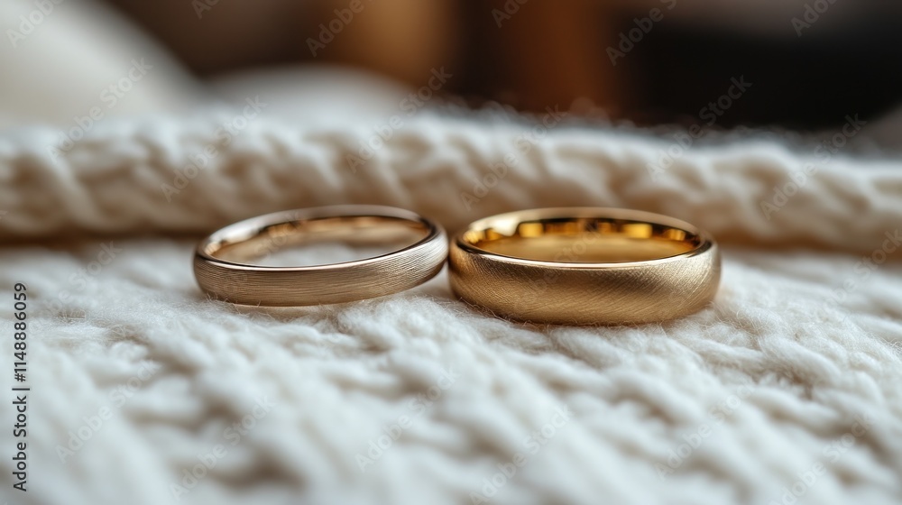 Two gold wedding rings on a knitted white blanket. Two gold wedding rings on a knitted white blanket.