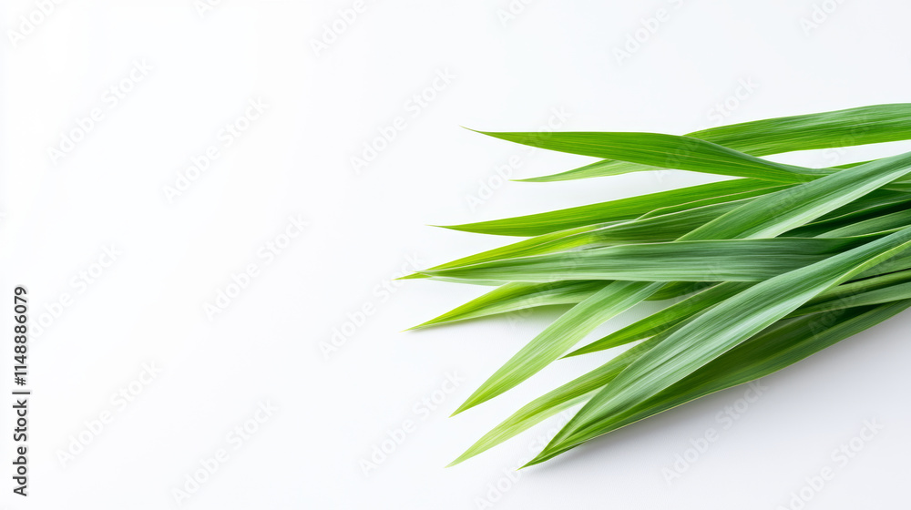 Fototapeta premium Green wheat stalks closely framing detailed texture, lying flat against crisp white backdrop, highlighting natural minimalist design