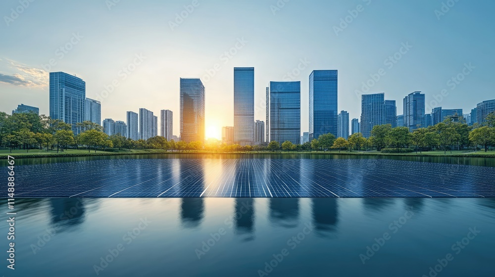 Fototapeta premium Modern Cityscape with Solar Panels Reflecting in Water