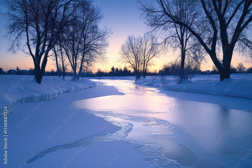 Gentle twilight over a frozen river, with trees casting shadows on the snow, creating a quiet, contemplative winter scene. Gentle twilight over a frozen river, with trees casting shadows on the snow, creating a quiet, contemplative winter scene.