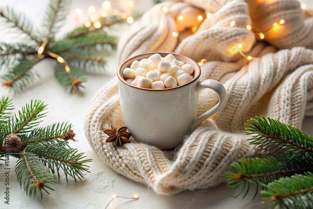 Cozy Christmas Hot Chocolate with Marshmallows, Scarf & Branches Cozy Christmas Hot Chocolate with Marshmallows, Scarf & Branches