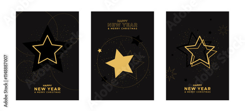 New Year's card set with a minimalistic design. Golden stars with tinsel on a black background. Happy New Year greeting cards.	