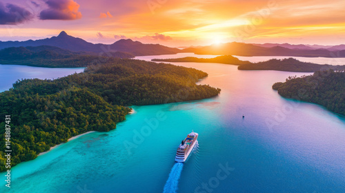 luxury cruise ship sails through vibrant turquoise waters at sunset, surrounded by lush islands